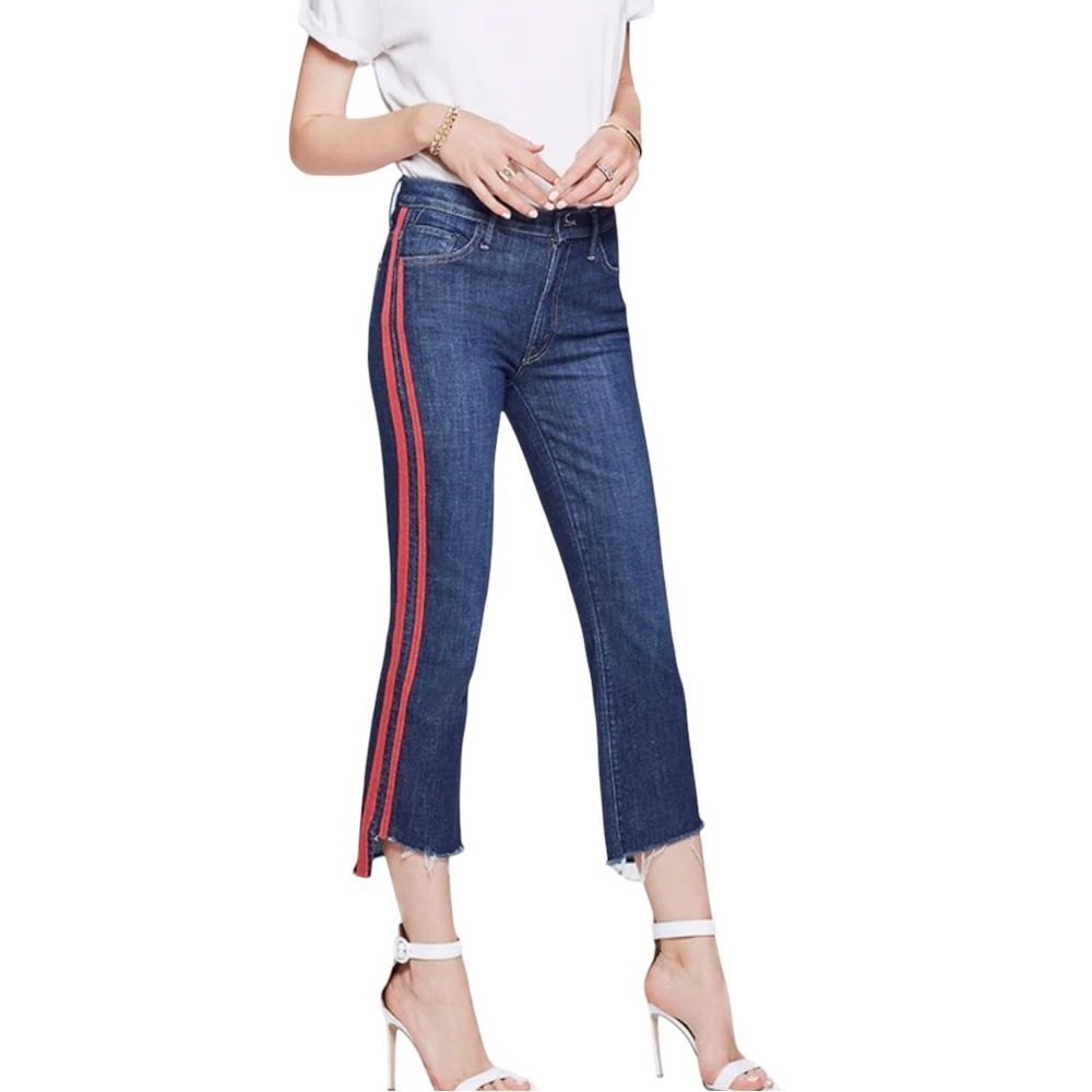 MOTHER Women's Straight Leg Jeans in Blue with Red Stripe